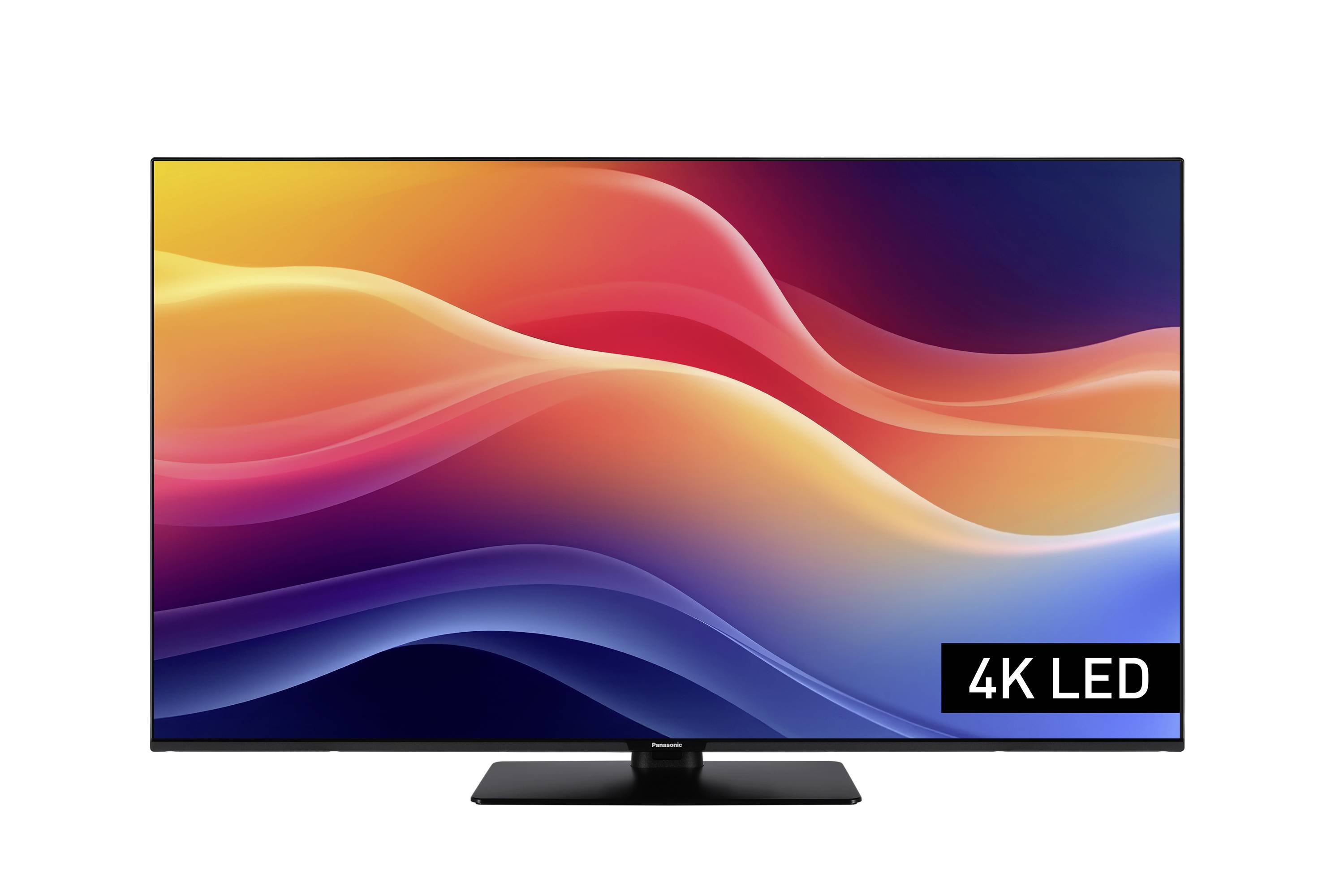 Ein schlanker, moderner Fernseher zeigt lebendige, farbenfrohe Wellen und ist in der Ecke mit '4K LED' gekennzeichnet, was auf eine hochauflösende Bildqualität hindeutet.