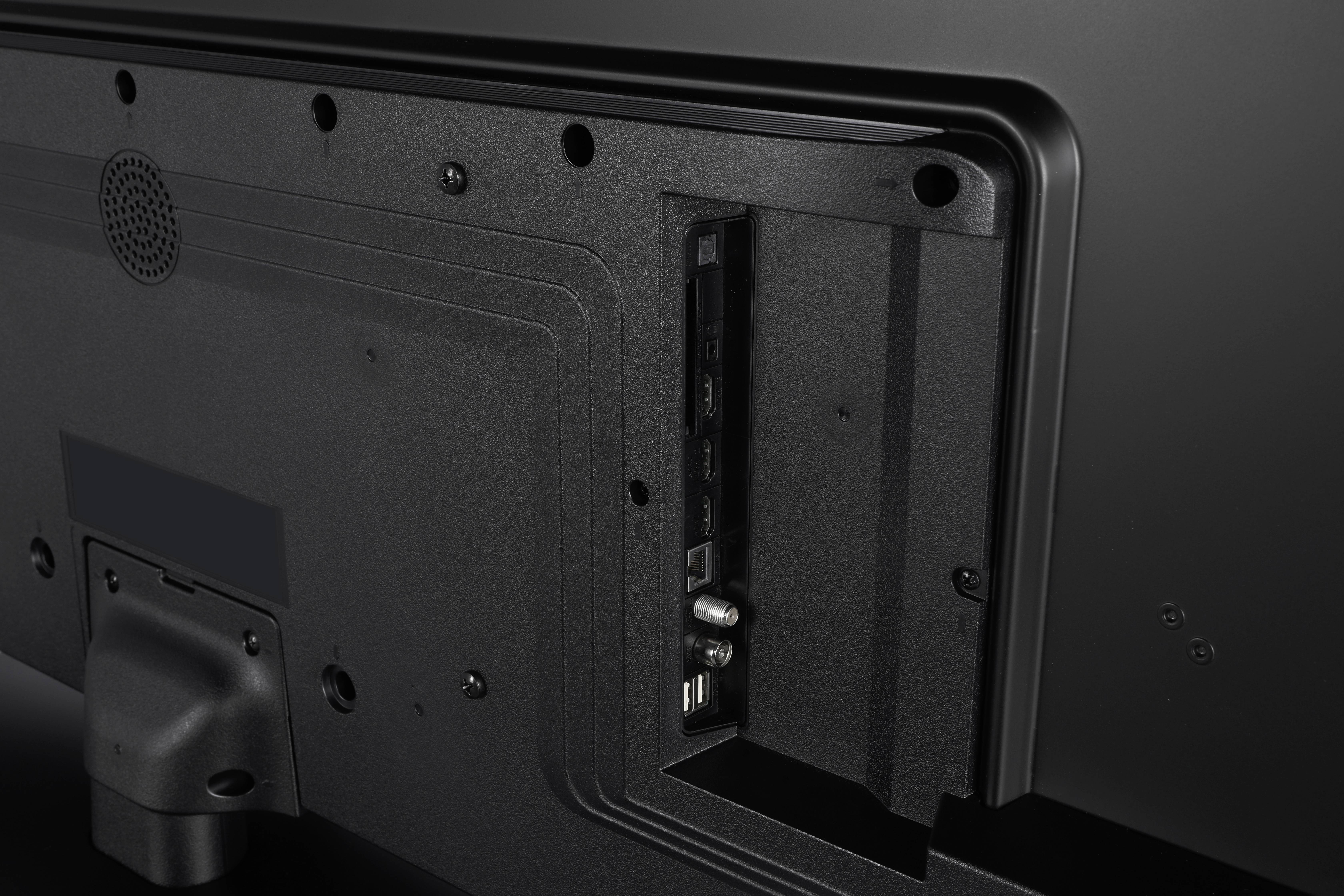 Rückansicht eines Fernsehers mit einer Anschlussblende für HDMI- und USB-Anschlüsse.