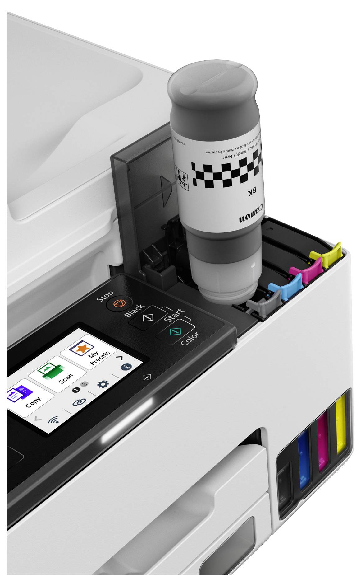 Drucker mit sichtbarem Tintenauffangbehälter und Touchscreen-Display mit Kopier-, Scan- und Druckoptionen.