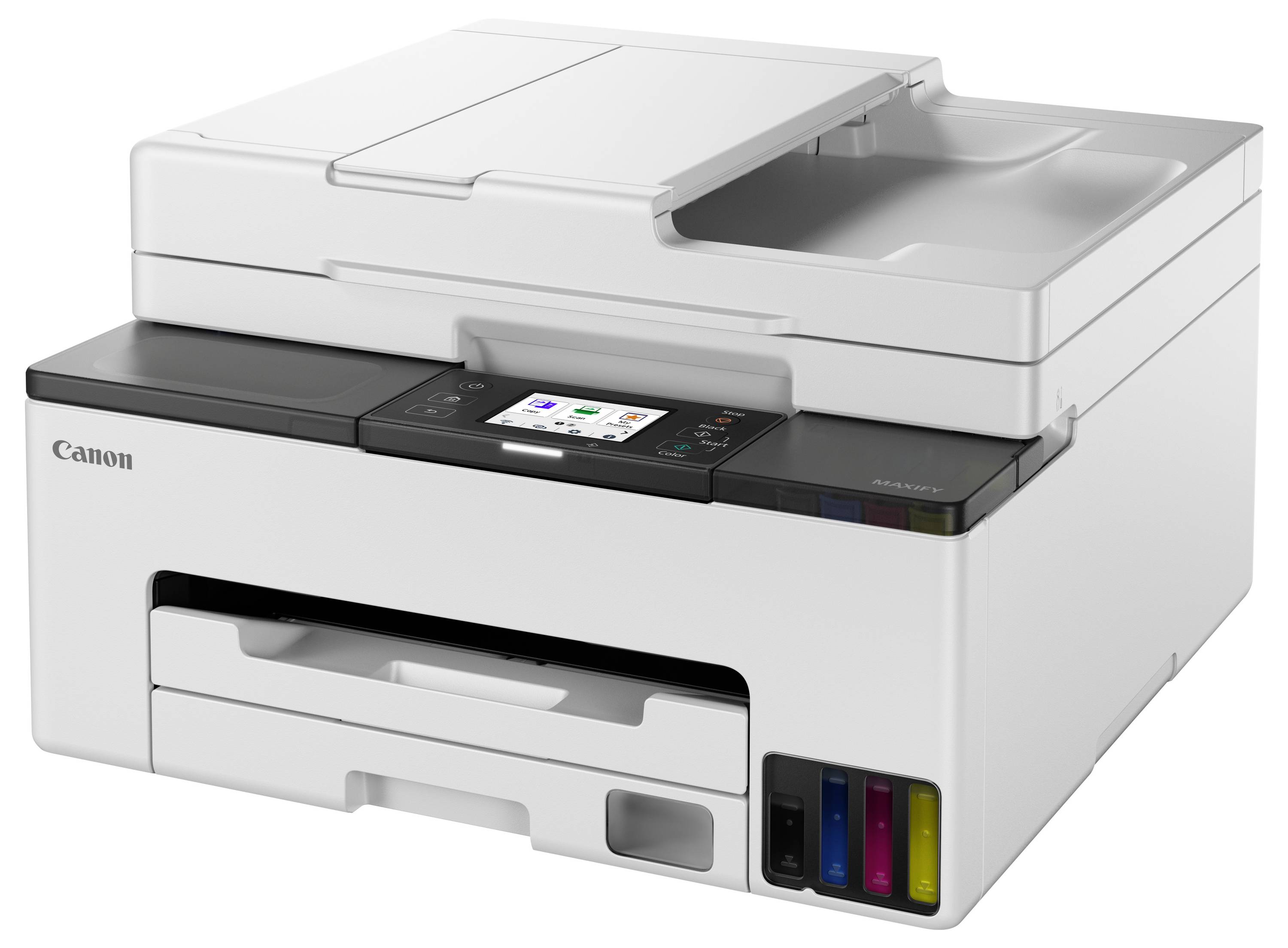 Ein weißer Multifunktionsdrucker mit Touchscreen-Display und sichtbaren Tintentanks an der Vorderseite, geeignet für Druck- und Kopieraufgaben im Heimat- oder Bürobereich.