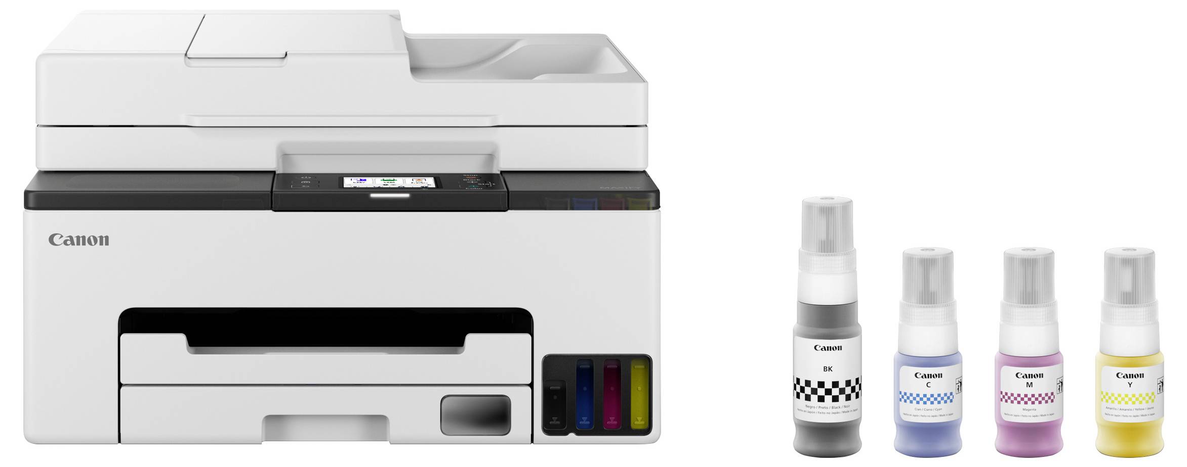 Ein weißer Canon-Drucker mit einem LCD-Bildschirm, vier Tintenfläschchen in Schwarz, Cyan, Magenta und Gelb daneben angeordnet.