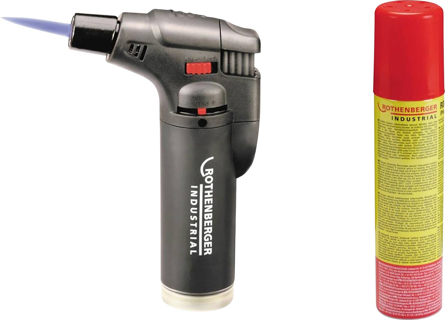 Eine kleine Lötlampe mit sichtbarem Markennamen, neben einem roten und gelben Kanister mit der Aufschrift 'ROTHENBERGER INDUSTRIAL'.