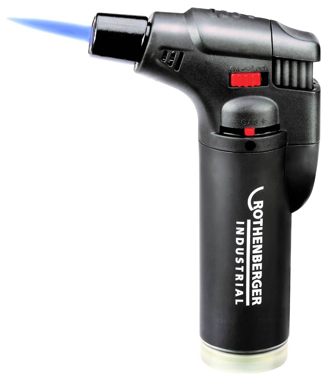 Eine schwarze Industriefackel mit der Aufschrift 'Rothenberger Industrial', die eine blaue Flamme aus ihrer Düse ausstößt.
