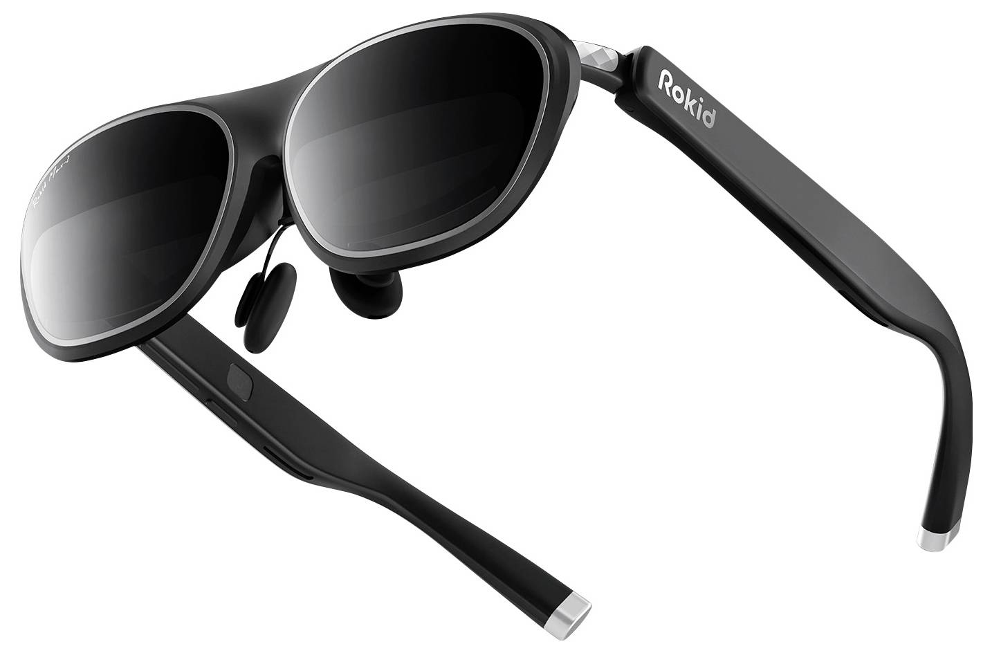 Elegante schwarze Smart-Brille mit getönten Gläsern und dem Markennamen 'Rokid', der am Bügel gedruckt ist.