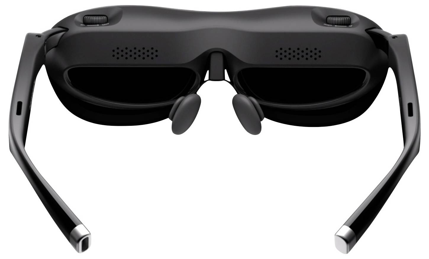 Eine elegante Brille für virtuelle Realität in Schwarz, von hinten betrachtet, mit sichtbaren Schläfen, Nasenstegen und verschiedenen Einstellungsreglern.