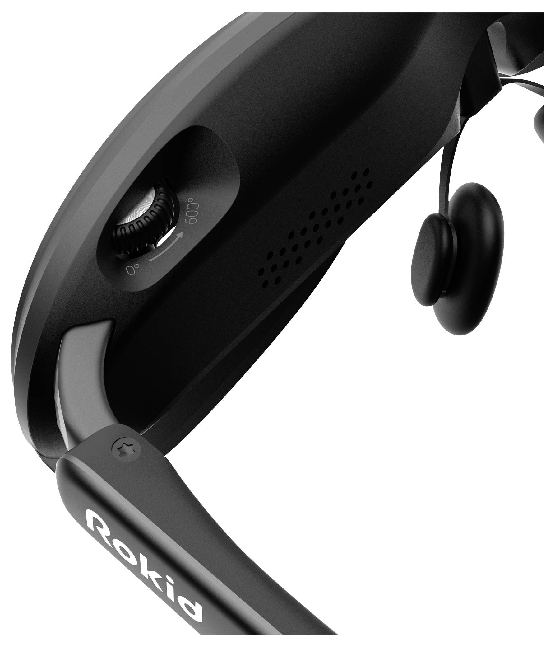 Intelligente Brille mit 'Rokid'-Markenlogo, die eine verstellbare Blende und einen integrierten Lautsprecher hervorhebt und sich auf ein schlankes Design und Funktionalität konzentriert.