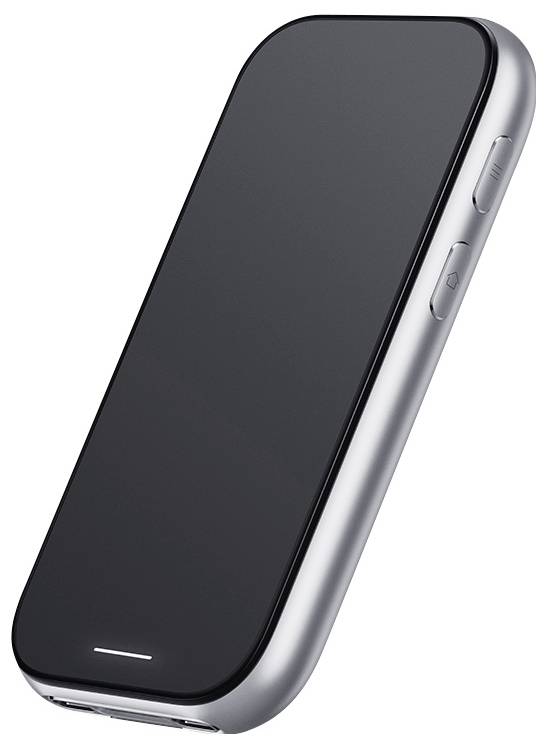 Ein schlankes, silbernes Smartphone mit einem schwarzen Bildschirm und Seitenknöpfen, das in einem Winkel vor einem schlichten weißen Hintergrund präsentiert wird.