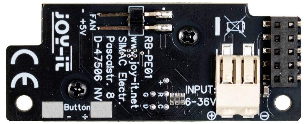 Elektronische Leiterplatte mit Eingangsspannungsbereich '6-36V', Anschlusspins, mit Beschriftung 'joy-it', versehen mit 'SWAC Electric' Markierung, konzipiert für technische Anwendungen.