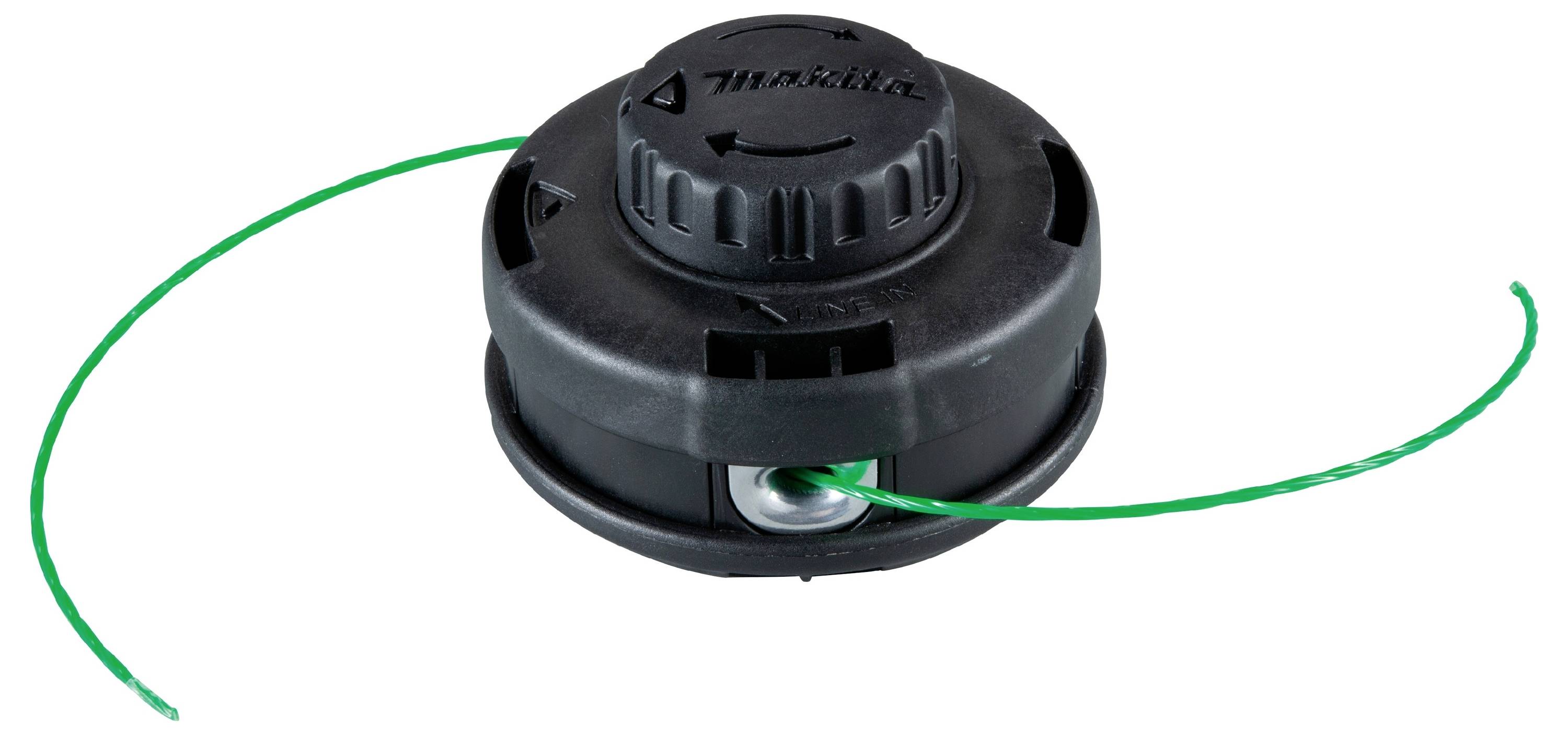 Ein schwarzer Trimmerkopf mit grünen Schneidlinien, die seitlich herausragen, zum Trimmen von Gras.