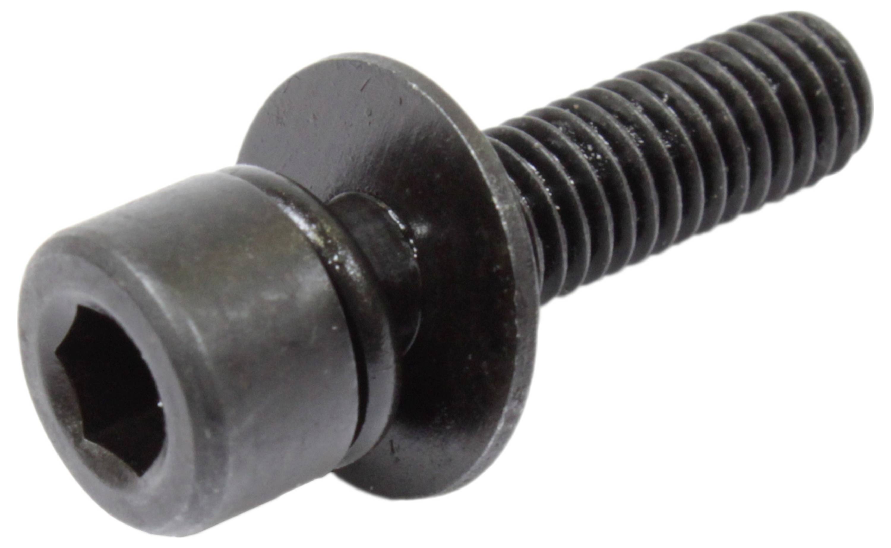 Eine schwarze Innensechskantschraube mit einer runden Unterlegscheibe, die Gewinderillen und eine glatte, polierte Oberfläche aufweist und zum Befestigen von Bauteilen verwendet wird.