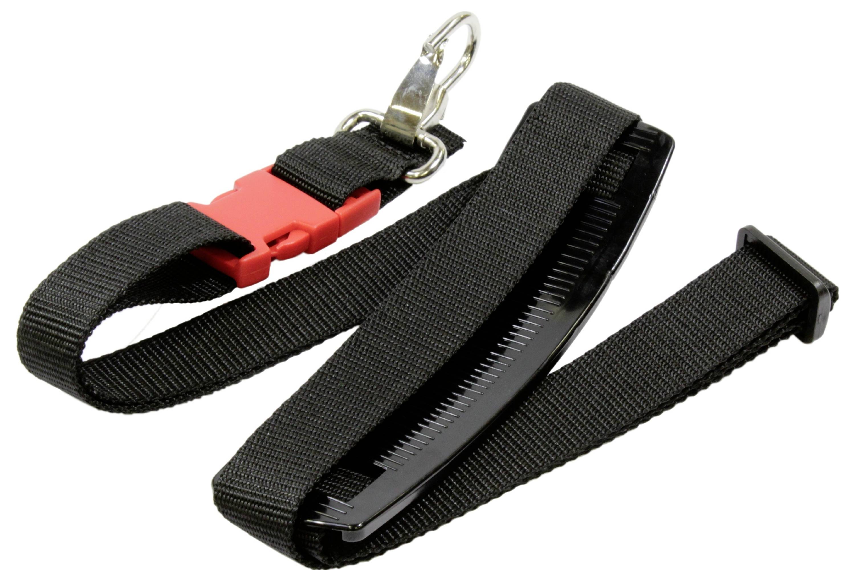 Ein schwarzes Handgelenkband mit einer roten Plastikschnalle und einem Metallclip, entwickelt zum sicheren Tragen von Ausweisen oder Schlüsseln.