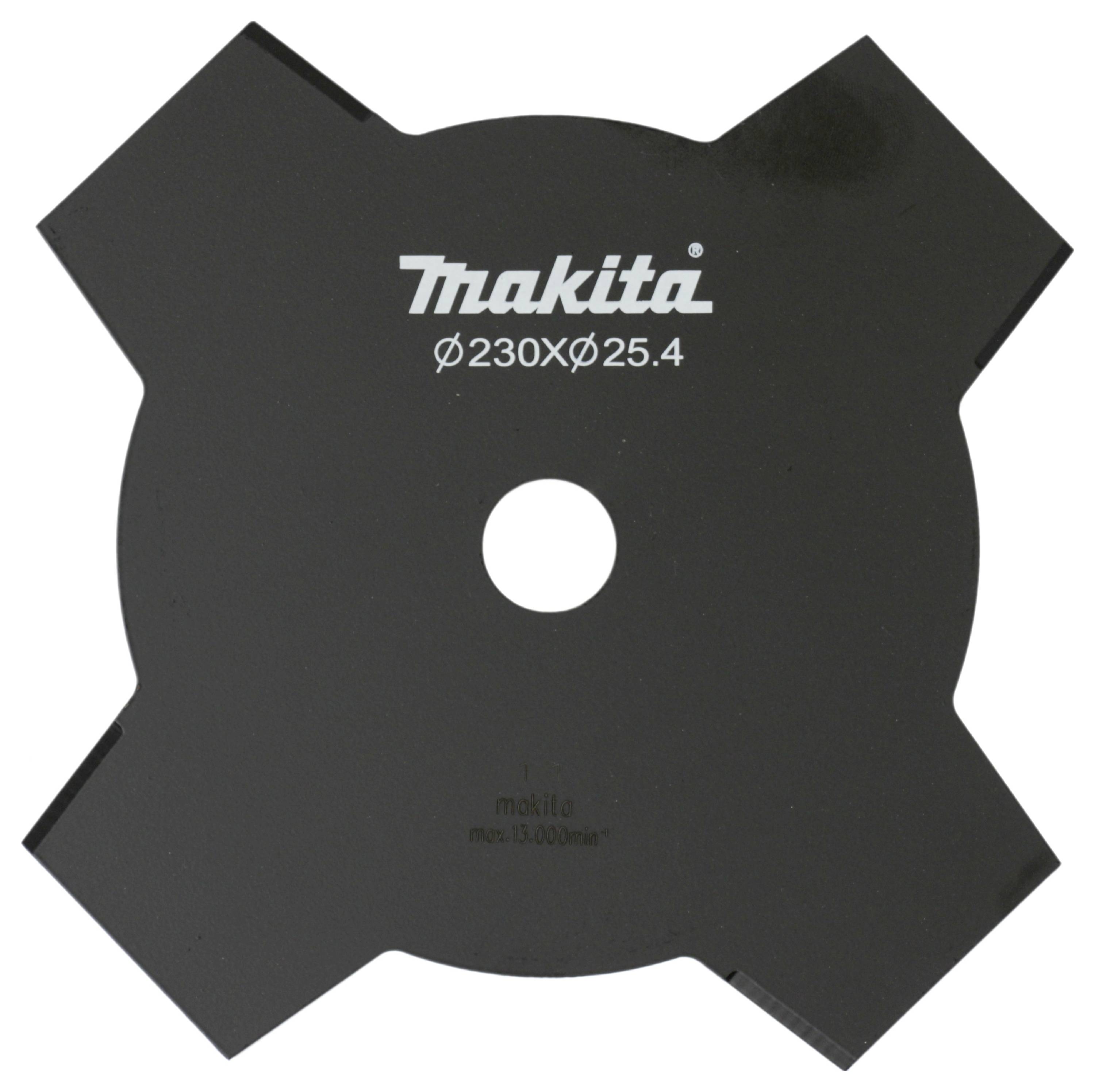 Eine schwarze Makita-Metallschneidklinge mit vier Schneidkanten und einem zentralen Loch. Sie ist mit '230x25,4' beschriftet und für bestimmte Werkzeuge geeignet.
