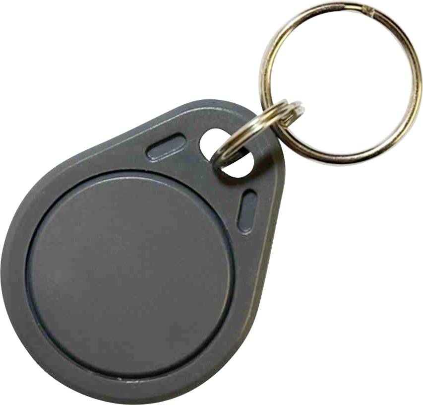 Ein runder, schwarzer Schlüsselanhänger mit einem Metallschlüsselring, der für elektronische Zugangskontrolle verwendet wird.