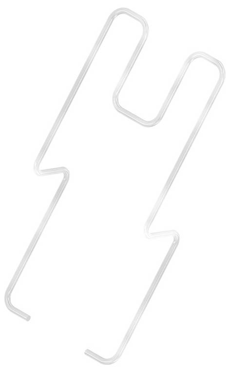 Ein weißer, abstrakt geformter Metalldraht, der vor einem schlichten Hintergrund liegt.