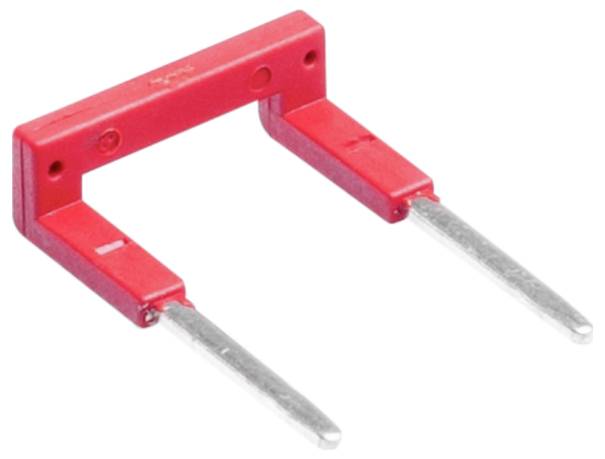 Ein kleiner roter Plastik-Jumper mit zwei Metallzacken, der verwendet wird, um Stifte auf einer Leiterplatte zu verbinden und Hardwareeinstellungen zu konfigurieren.