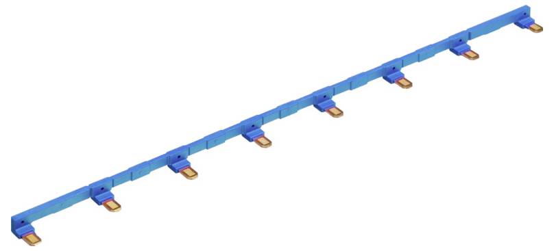 Eine blaue elektrische Sammelschiene mit mehreren gleichmäßig entlang ihrer Länge angeordneten Kupferanschlüssen.