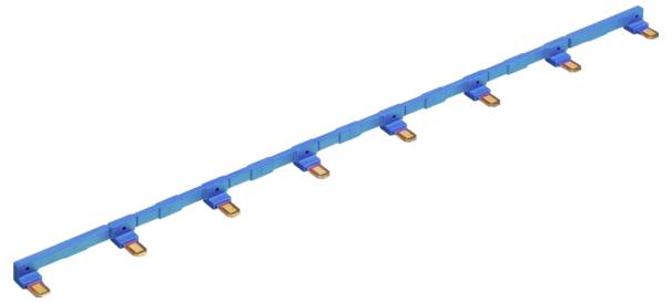 Eine blaue elektrische Sammelschiene mit gleichmäßig angeordneten Metallverbindern, die zur Stromverteilung in elektrischen Systemen verwendet wird.