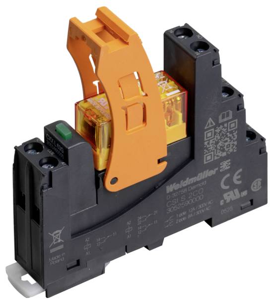Ein schwarzes und orangefarbenes Weidmüller Relaismodul mit transparenter Abdeckung, das Elektroanschlüsse zeigt und für industrielle Automatisierungssysteme konzipiert ist.