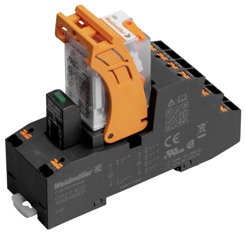 Weidmüller-Halbleiterrelais mit orangefarbener Hebel, auf einer schwarzen Basis montiert, mit technischen Spezifikationen und Zertifizierungsmarkierungen.