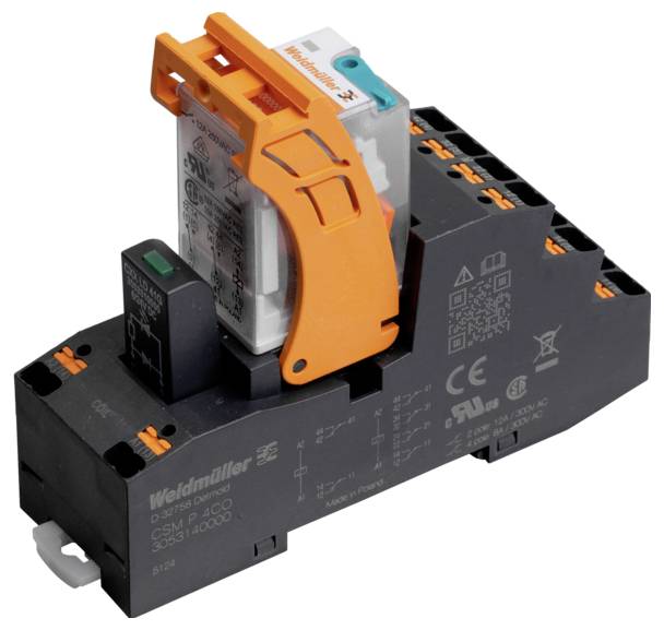 Ein Weidmüller Relaishalter mit einem orangefarbenen Hebel und einer transparenten Abdeckung, verwendet für elektrische Verbindungen und zum Montieren von Relais.