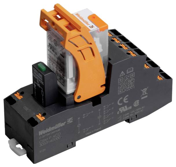 Weidmüller Elektrorelais mit orangefarbenem Hebel, schwarzer Basis und orangefarbener Schutzabdeckung, ausgestattet mit verschiedenen Zertifizierungszeichen und Logos.