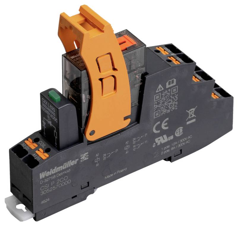 Elektrisches Relaismodul mit einem orangefarbenen Hebel, ausgestattet mit mehreren Anschlusspunkten und industrieller Beschriftung auf dem schwarzen Gehäuse.