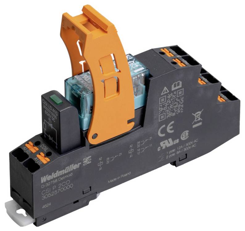 Industrielles Relais-Bauteil mit orangefarbener Hebel und transparentem Gehäuse auf schwarzer Basis. Verwendet für elektrische Energiesteuerung und -management.