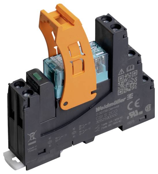 Ein elektronisches Relaismodul mit schwarzem Sockel und orangefarbigem Hebel, verwendet zum Schalten elektrischer Schaltkreise. Geeignet für industrielle Anwendungen.