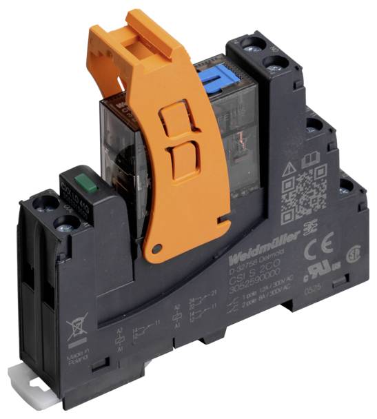 Ein elektrisches Relais mit einem orangefarbenen Hebel und mehreren Anschlussklemmen, verwendet zum Schalten von Stromkreisen.