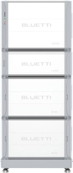 Eine vertikale Anordnung von Bluetti-Komponenten, von oben nach unten beschriftet: EP500, zwei B300 und B200, die modulare Energiespeichereinheiten darstellen.