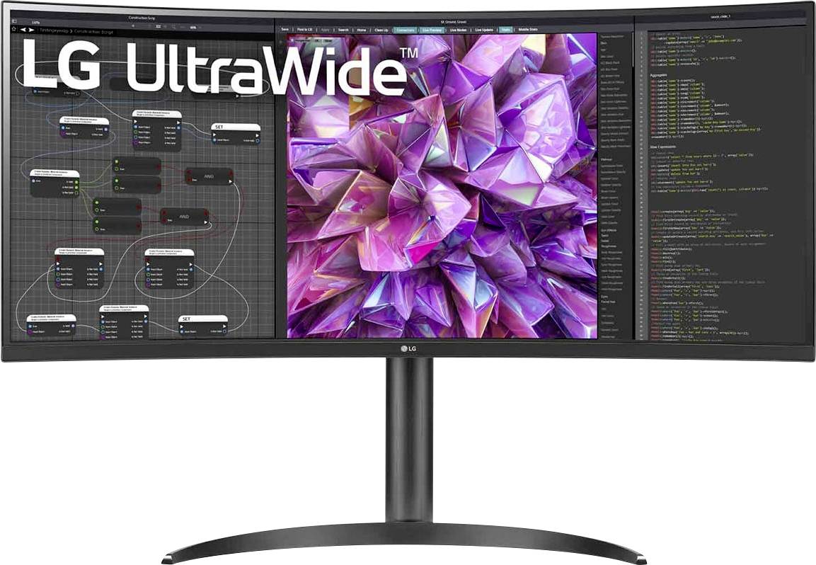 Ein großer, gebogener LG UltraWide-Monitor, der eine Simulationsschnittstelle mit Knotenverbindungen links und farbenfrohen 3D-Grafiken in der Mitte zeigt.