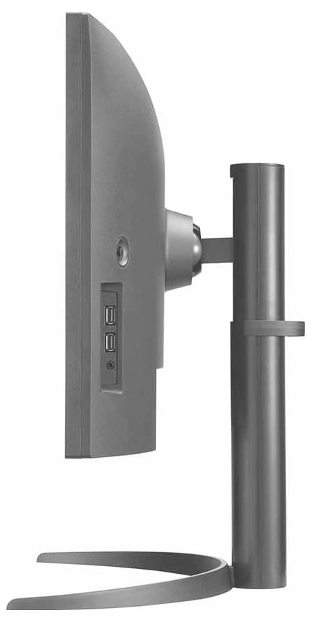 Seitenansicht eines schlanken Computermonitors auf einem Ständer, der seine Anschlüsse und sein elegantes Design zeigt.