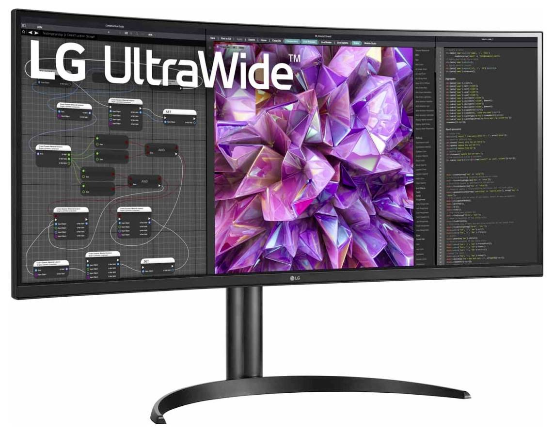 Gekrümmter Monitor, der eine Softwareentwicklungsumgebung mit Code, einem Flussdiagramm und einem lila geometrischen Muster zeigt. LG UltraWide-Branding.