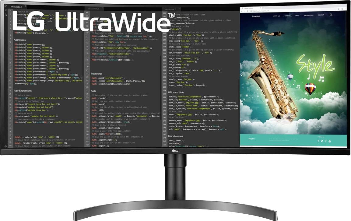 Gebogener LG UltraWide-Monitor mit Code auf der linken Seite und einem farbenfrohen Saxophon-Bild mit der Bezeichnung 