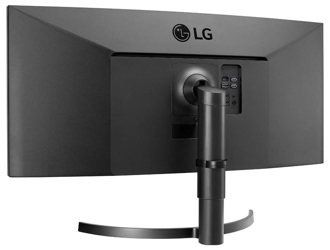 Ein schwarzer LG-Monitor von hinten betrachtet, mit einem Ständer und mehreren Anschlüssen.