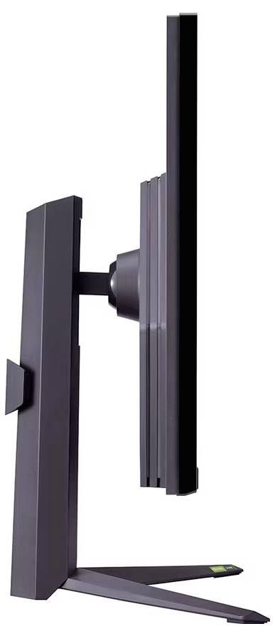 Seitenansicht eines schlanken, hochformatigen Monitors auf einem Ständer, der seinen dünnen Profil und die verstellbare Halterung zeigt.