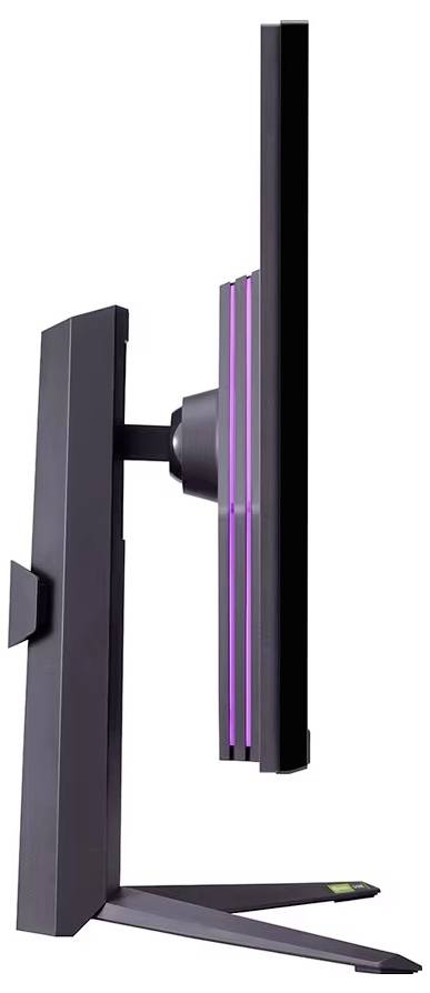 Ein schlanker, moderner Monitor von der Seite betrachtet, der ein dünnes Profil mit einem schlanken Ständer und violetter Akzentbeleuchtung auf der Rückseite zeigt.