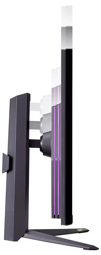 Seitenansicht eines schlanken, modernen Gaming-Monitors mit schmalem Profil, verstellbarem Ständer und lila leuchtenden Akzenten auf der Rückseite.