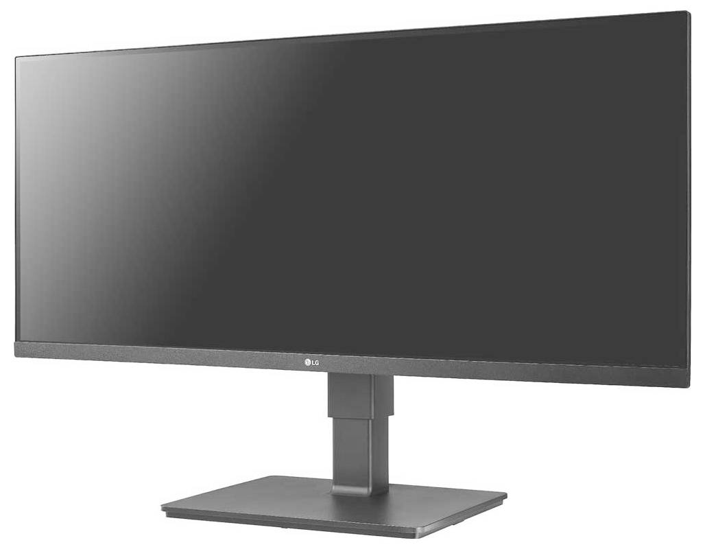 Ein Breitbild-Computermonitor mit einem eleganten Ständer, schwarzem Rahmen und ohne sichtbare Inhalte auf dem Bildschirm.