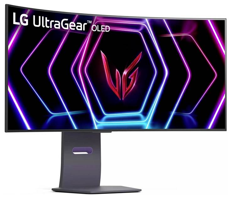Gebogener LG UltraGear OLED-Monitor, der ein neon-farbenes Sechseck-Design mit dem LG-Logo in der Mitte zeigt.