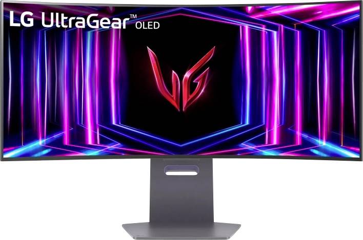 Ein gebogener LG UltraGear OLED-Monitor, der eine lebendige, neonbeleuchtete Tunneleffekt zeigt, mit dem roten 'LG'-Logo in der Mitte.