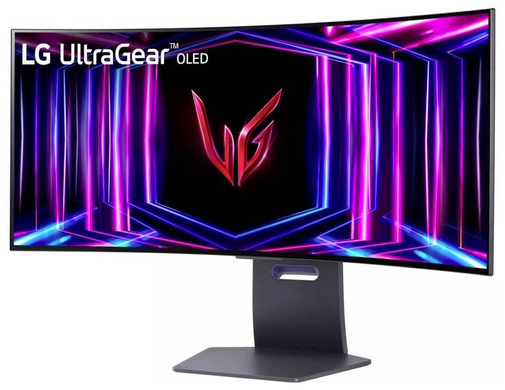 Gebogener LG UltraGear OLED-Monitor mit lebendigen, mehrfarbigen Neon-Grafiken auf dem Bildschirm, wobei ein auffälliges rotes 