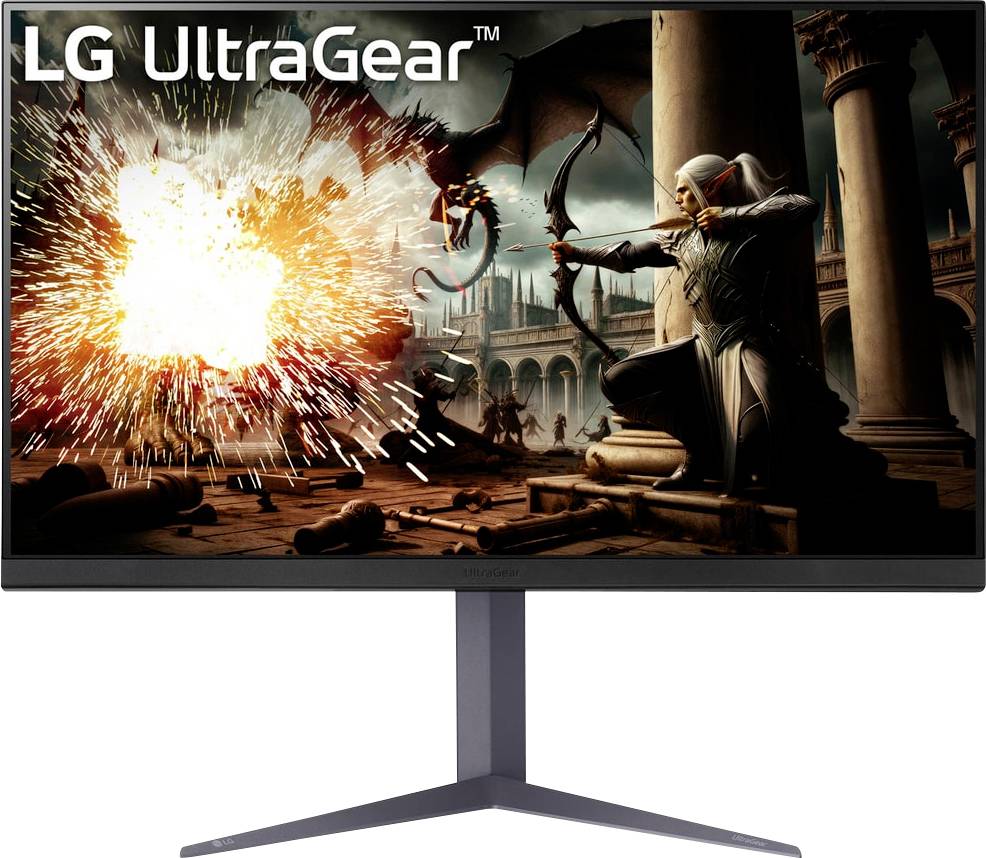 LG UltraGear Monitor, der eine Fantasy-Szene zeigt: Ein Bogenschütze schießt Pfeile auf einen Drachen, während im Hintergrund einer mittelalterlichen Burganlage Explosionen zu sehen sind.