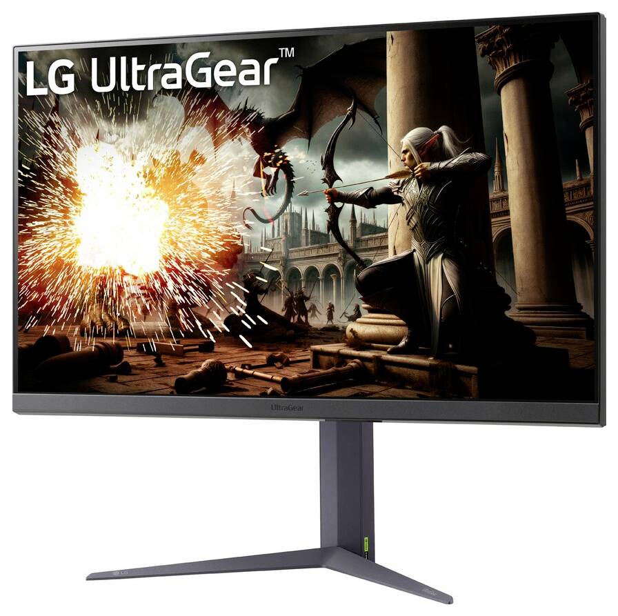Ein Gaming-Monitor, der eine Actionszene mit einem Bogenschützen inmitten von Ruinen zeigt. Eine helle Explosion ist auf dem Bildschirm zu sehen.