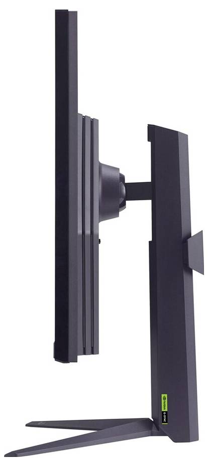 Seitenansicht eines schlanken schwarzen Computermonitors mit einem robusten Ständer und einem verstellbaren Scharnier, der ein modernes und elegantes Design präsentiert.