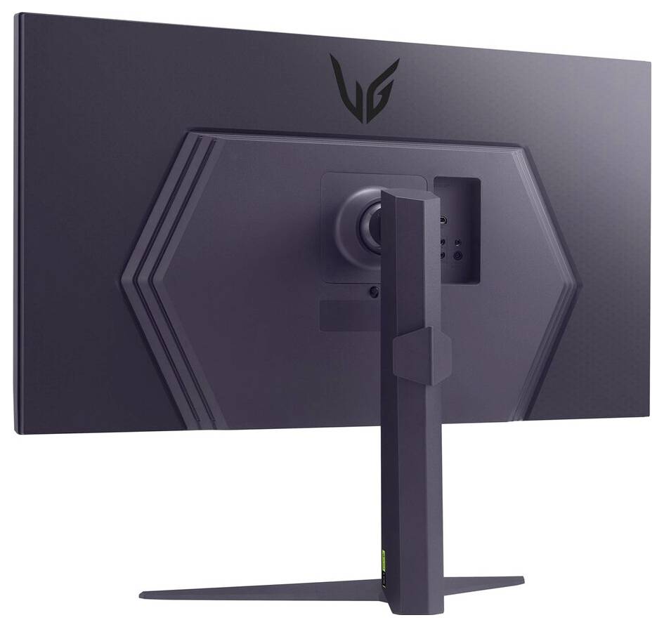 Ein schwarzer Gaming-Monitor, von hinten betrachtet, mit elegantem Design, kantigen Linien und einer zentralen Halterung zur Höhenverstellung.