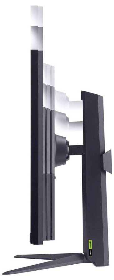 Ein schlanker, schwarzer Computermonitor, von der Seite gezeigt, der seinen schmalen Profil und seinen verstellbaren Ständer hervorhebt.