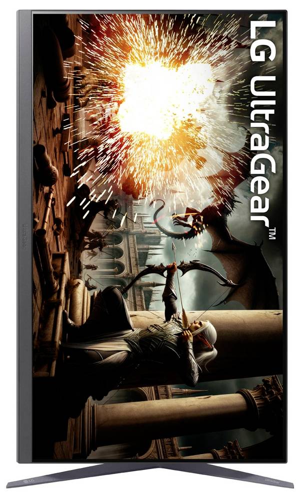 Ein Gaming-Monitor zeigt eine dynamische Actionszene mit dramatischer Beleuchtung und Explosionen und hebt dabei die Markenbezeichnung 