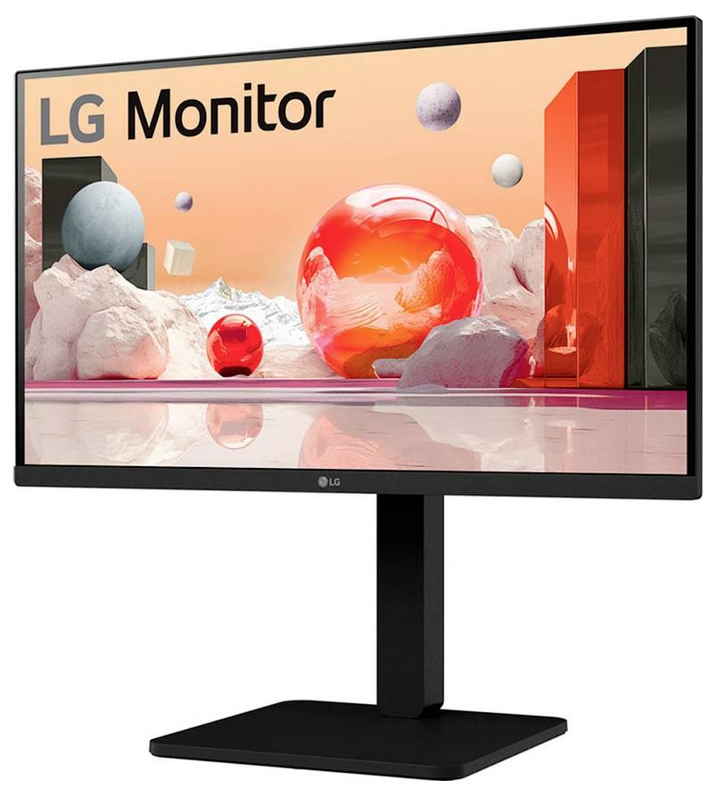 Ein Monitor, der eine digitale Kunstarbeit mit abstrakten Kugeln und geometrischen Formen zeigt, mit dem Text 'LG Monitor' in der oberen linken Ecke.