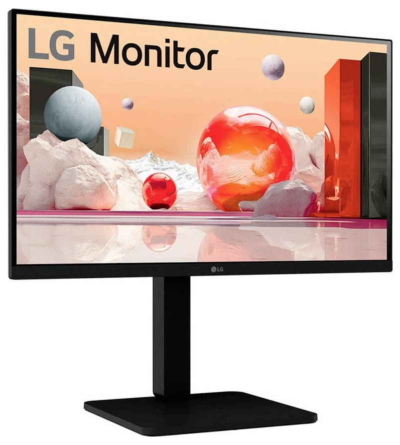 LG-Monitor auf dem Bildschirm mit abstrakter Kunst, die schwebende Kugeln und geometrische Formen vor einem Verlaufshintergrund zeigt.